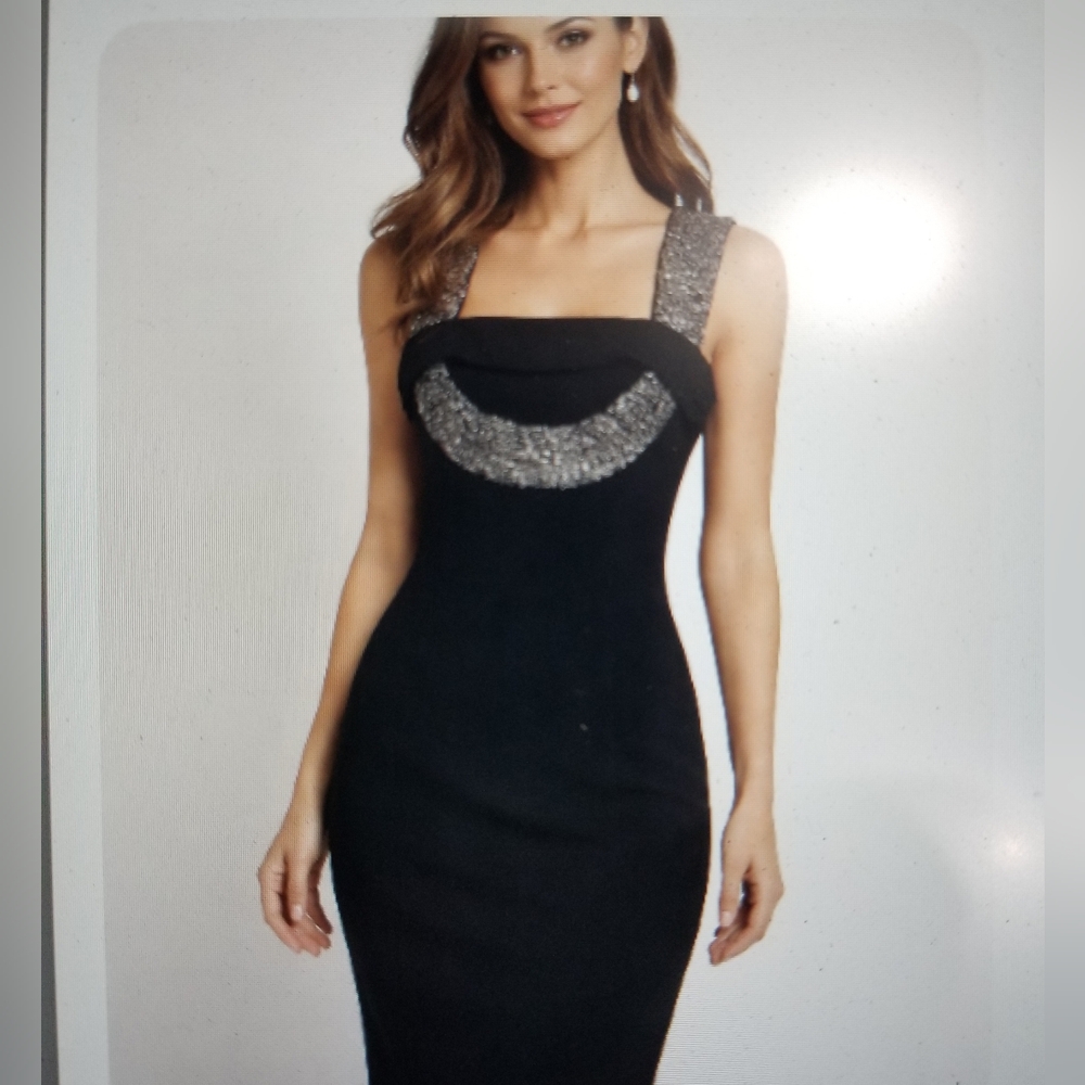 Black Halo NWT Architectural Beaded Sheath Evening Dress w/ Pockets US 4